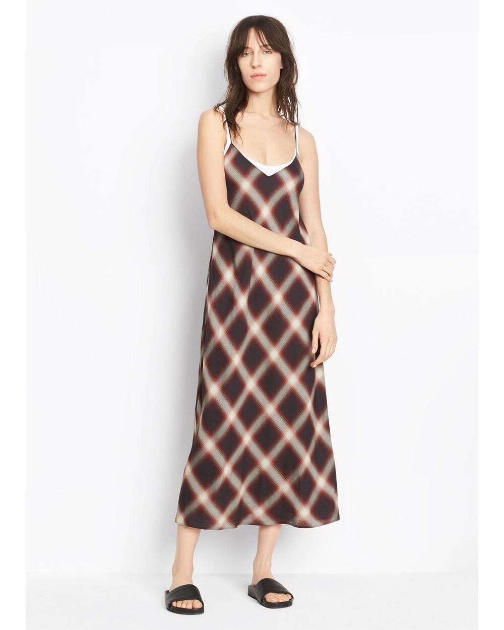 Vince Red Black White Plaid Sleeveless Midi Dress Slip Dress Preppy Autumn Small